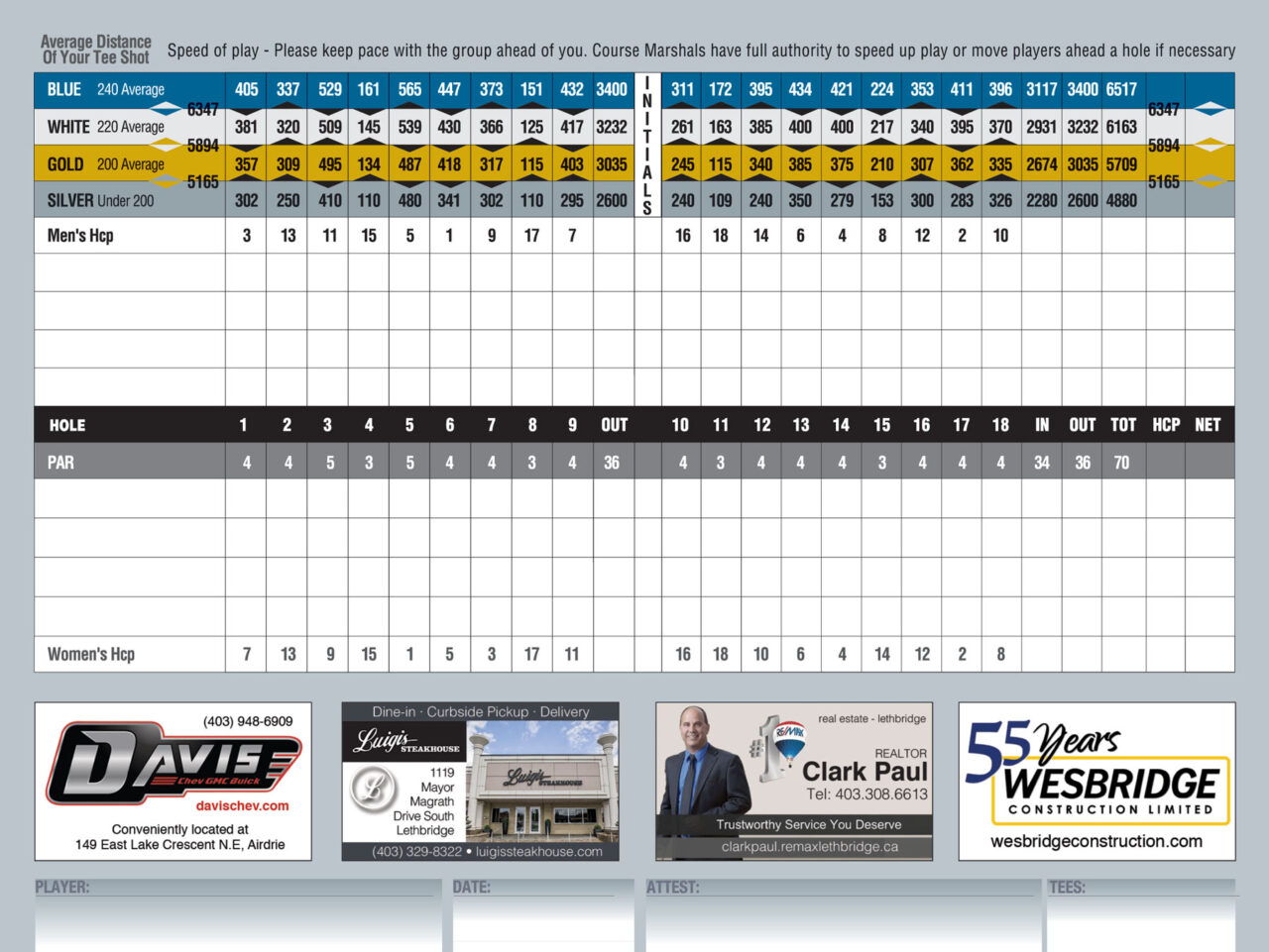 Scorecard - Henderson Lake Golf Course